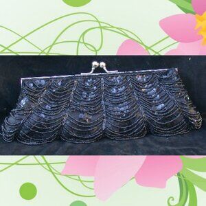 INS Black Sequin and Beaded Evening Handbag Small Clutch Purse